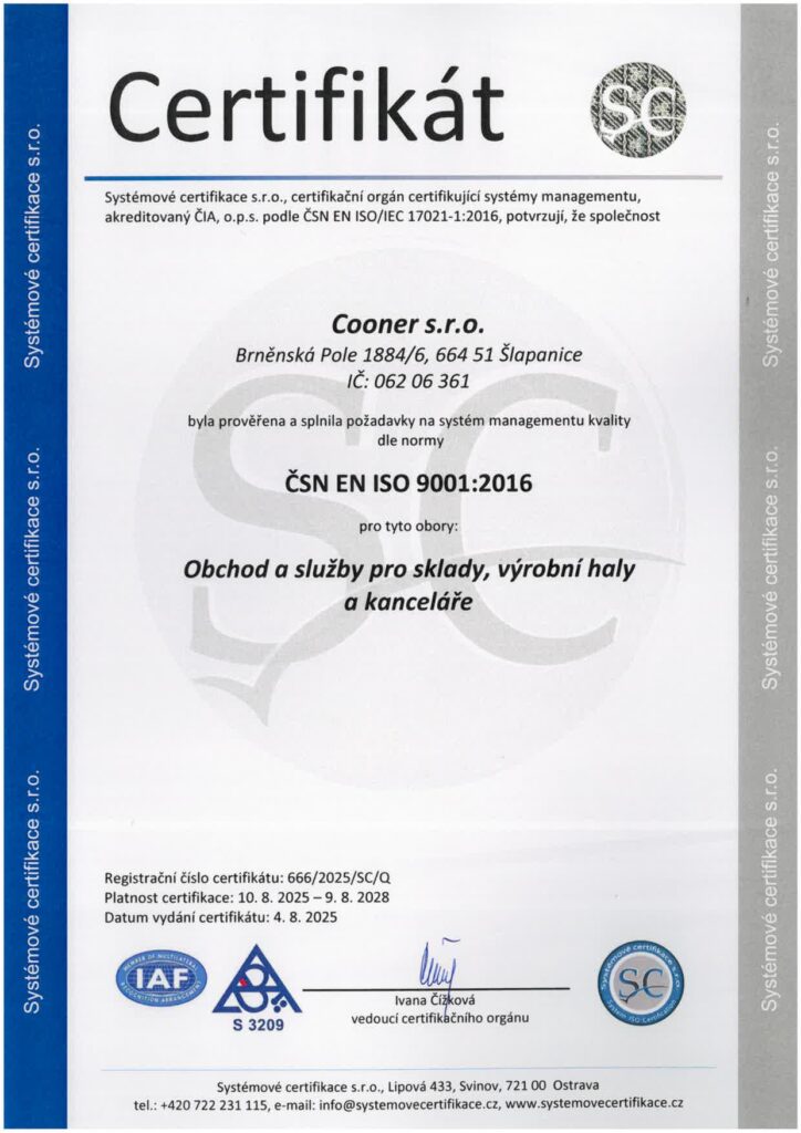 Certifikát ČSN EN ISO 9001:2016 č. 666/2025/SC/Q, platný do 9. 8. 2028