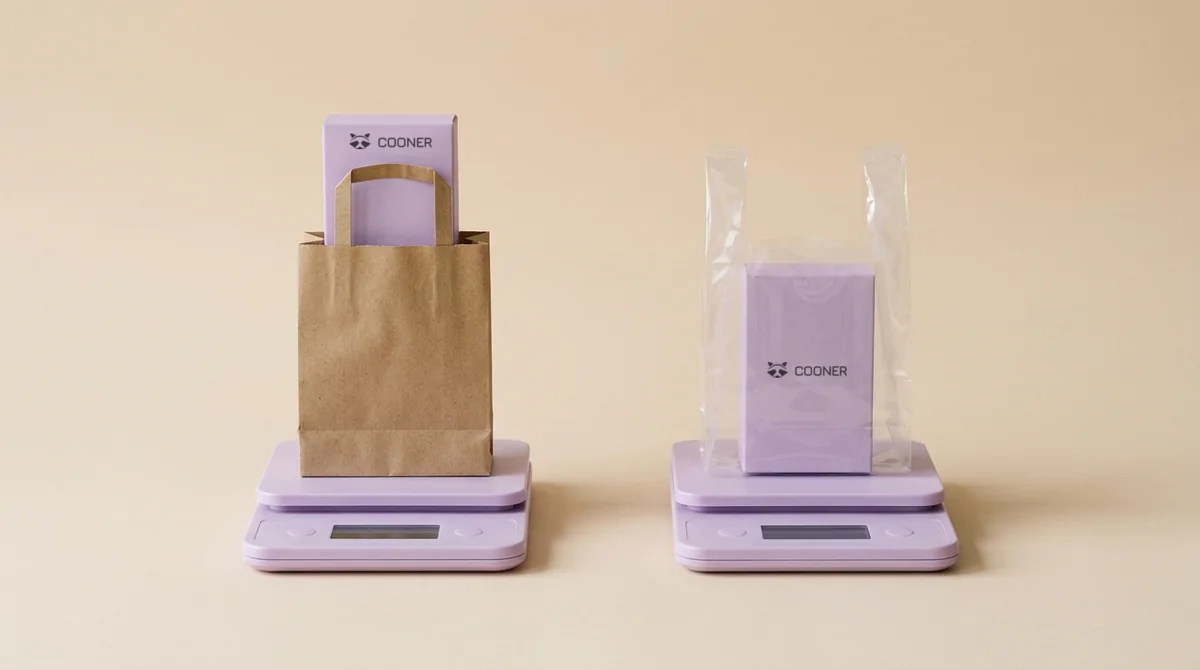 A paper bag and a plastic bag of similar size on scales