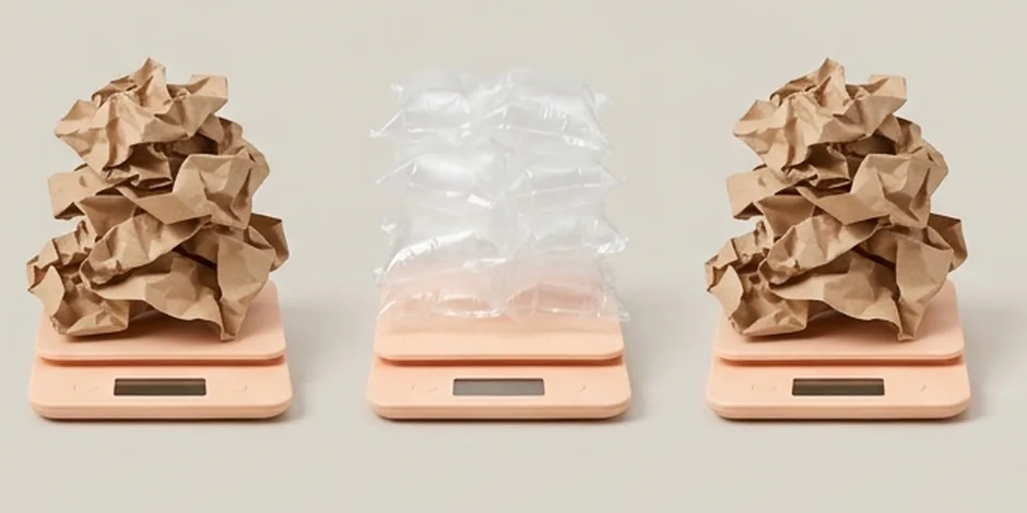 Two boxes from above: crumpled paper and air cushions around the same small box