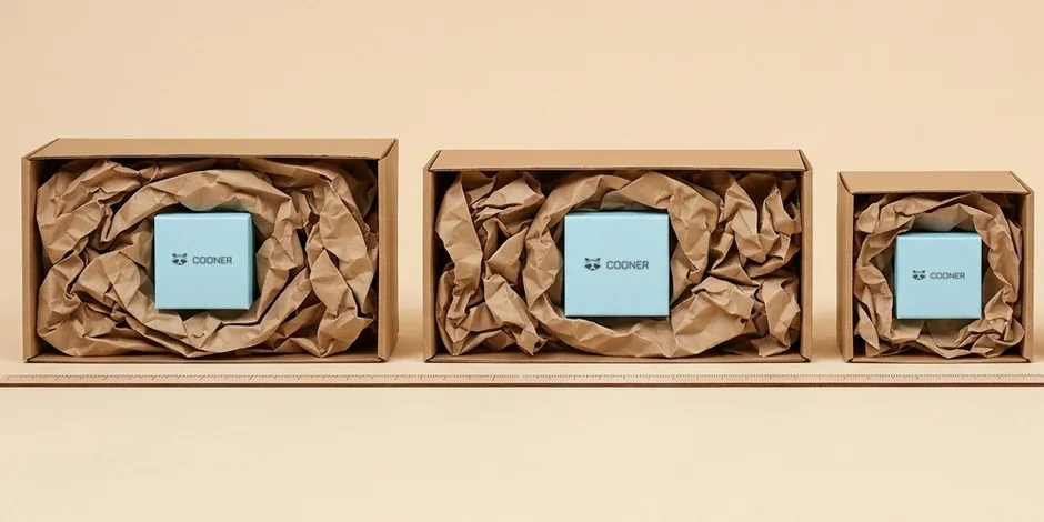 Three boxes from above: crumpled paper, air cushions and a small box without void fill, with the same product