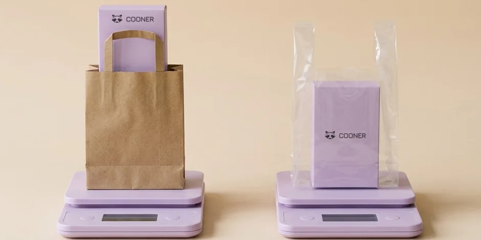 A paper bag and a plastic bag on scales, each holding a box with the Cooner logo