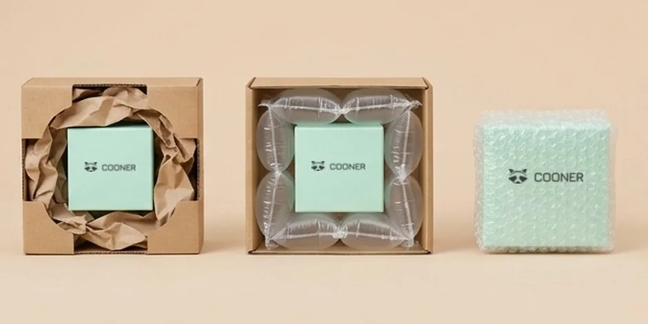 Three boxes with the front wall cut away: crumpled paper, air cushions and a small snug box