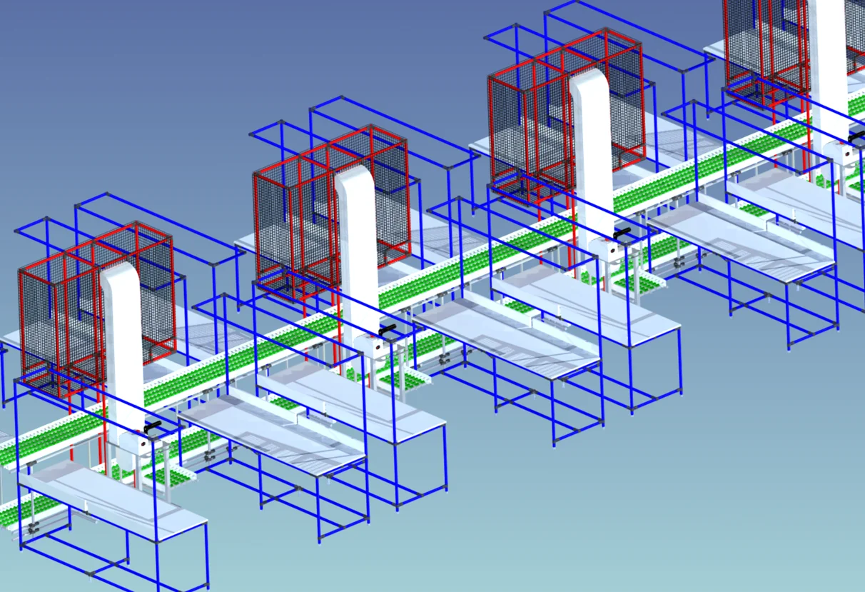 3D návrh balicí linky s dopravníkem a pracovišti