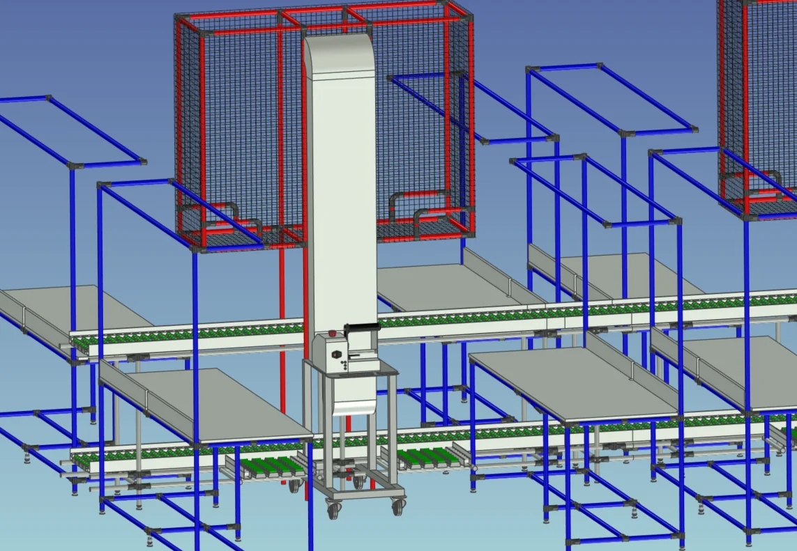 3D návrh balicího pracoviště nad dopravníkem
